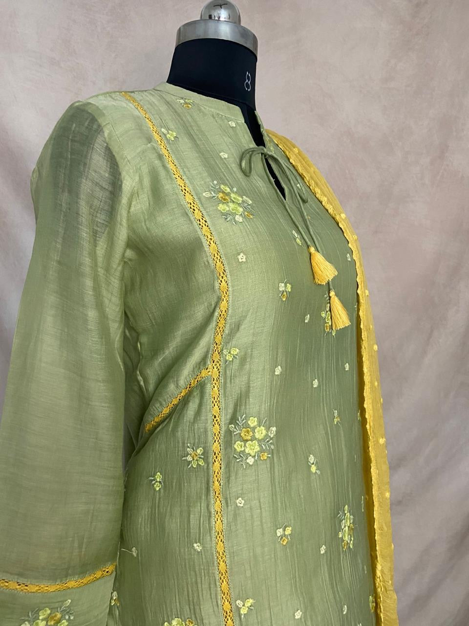 Light green chandri kurti with bottom and dupatta