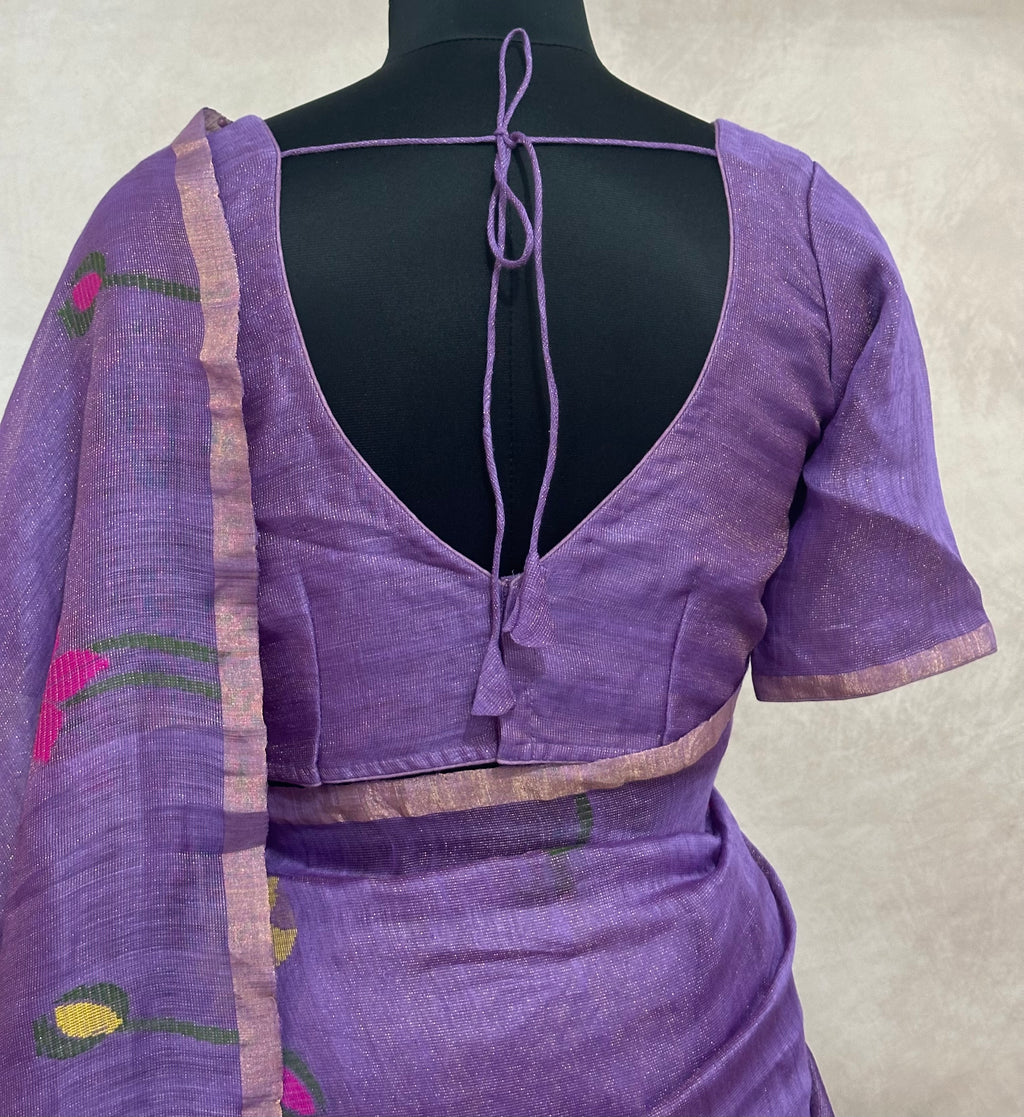 Pure silk linen saree with jamdani weave and stitched blouse