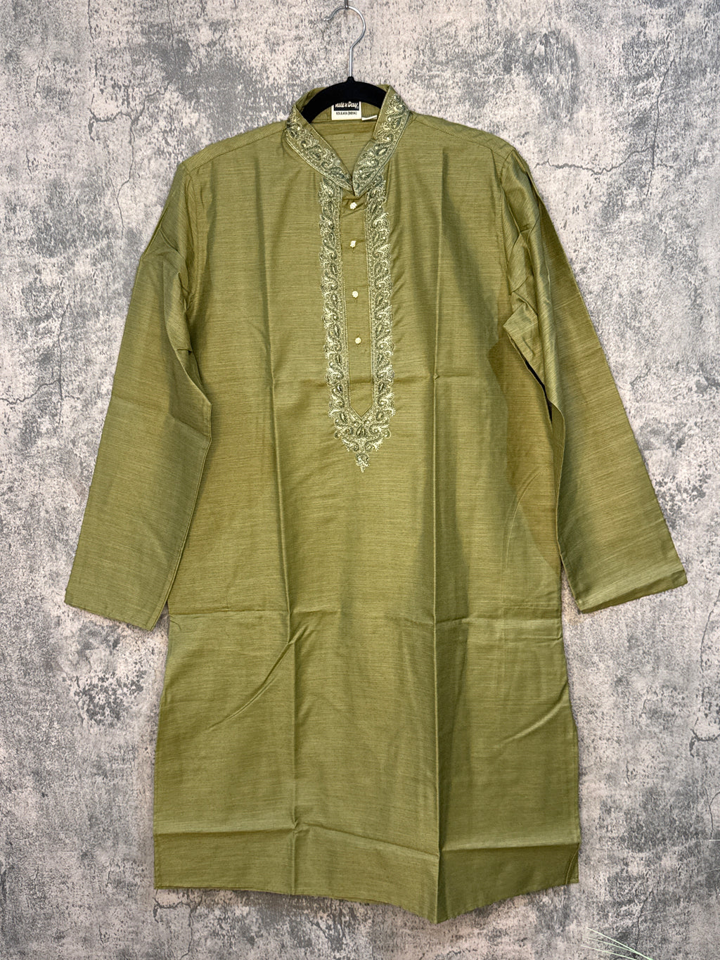 Olive green cotton silk kurta with hand embroidery