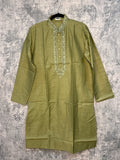 Olive green cotton silk kurta with hand embroidery