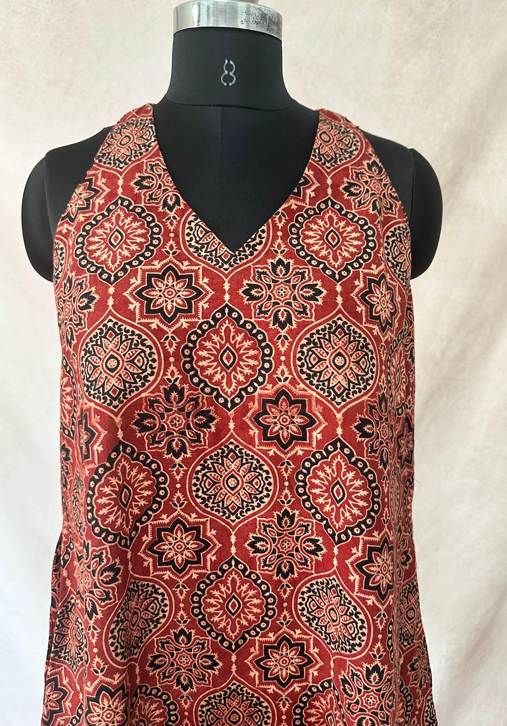Red ajrakh hand block printed cotton sleeveless dress