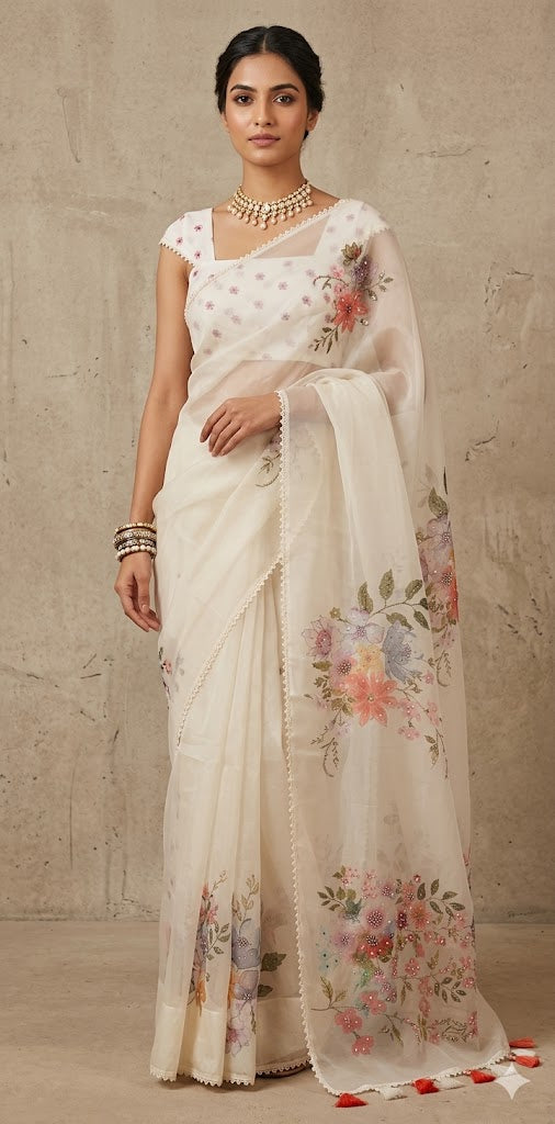 Silk organza saree with digital print and highlighted with bead work, with BP