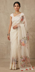 Silk organza saree with digital print and highlighted with bead work, with BP