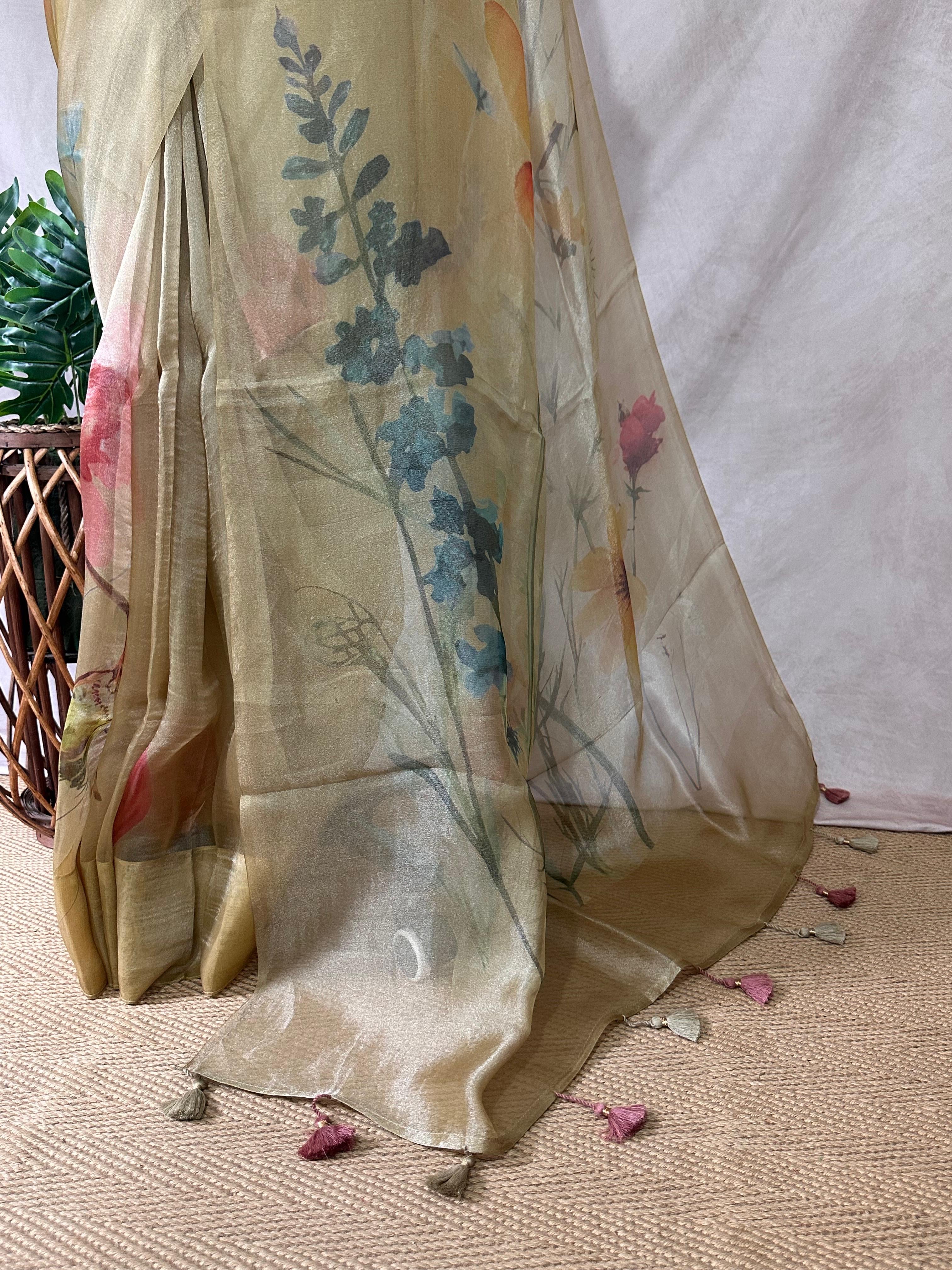 Organza silk tissue saree with digital print, with bP
