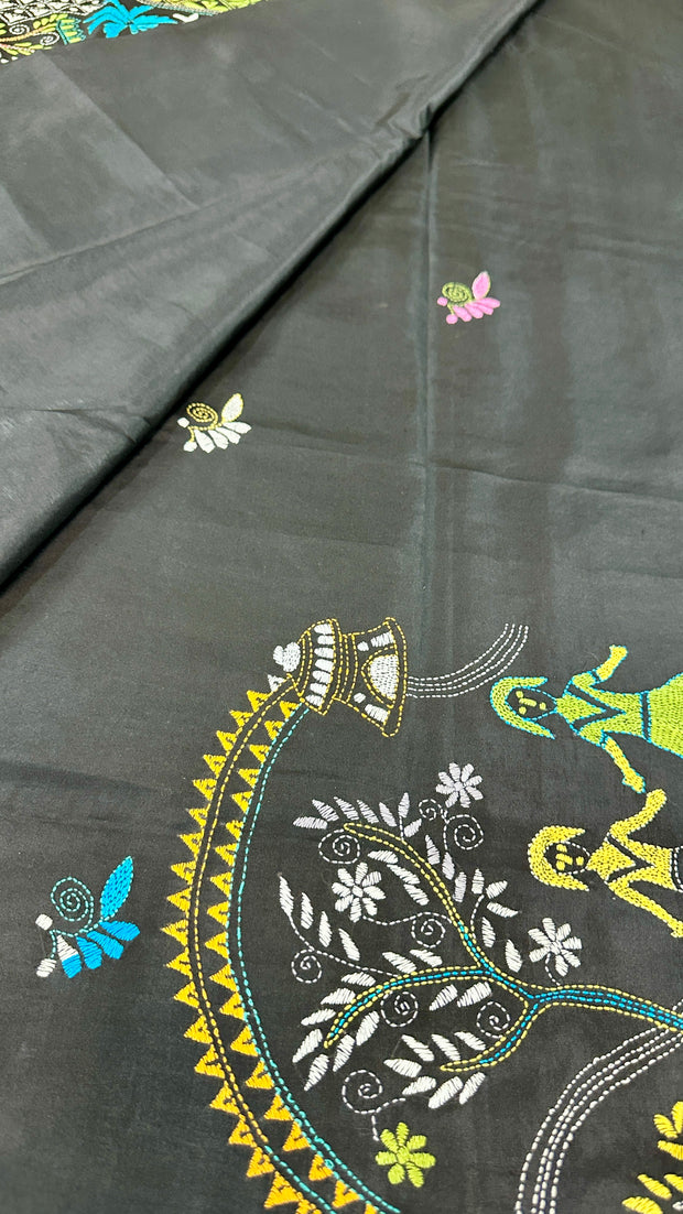 Black pure bangalore silk saree with kantha work , stitched blouse