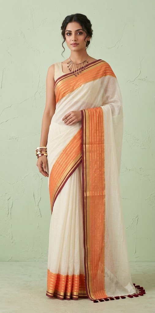 Maroon and orange border 120 count mulcotton saree