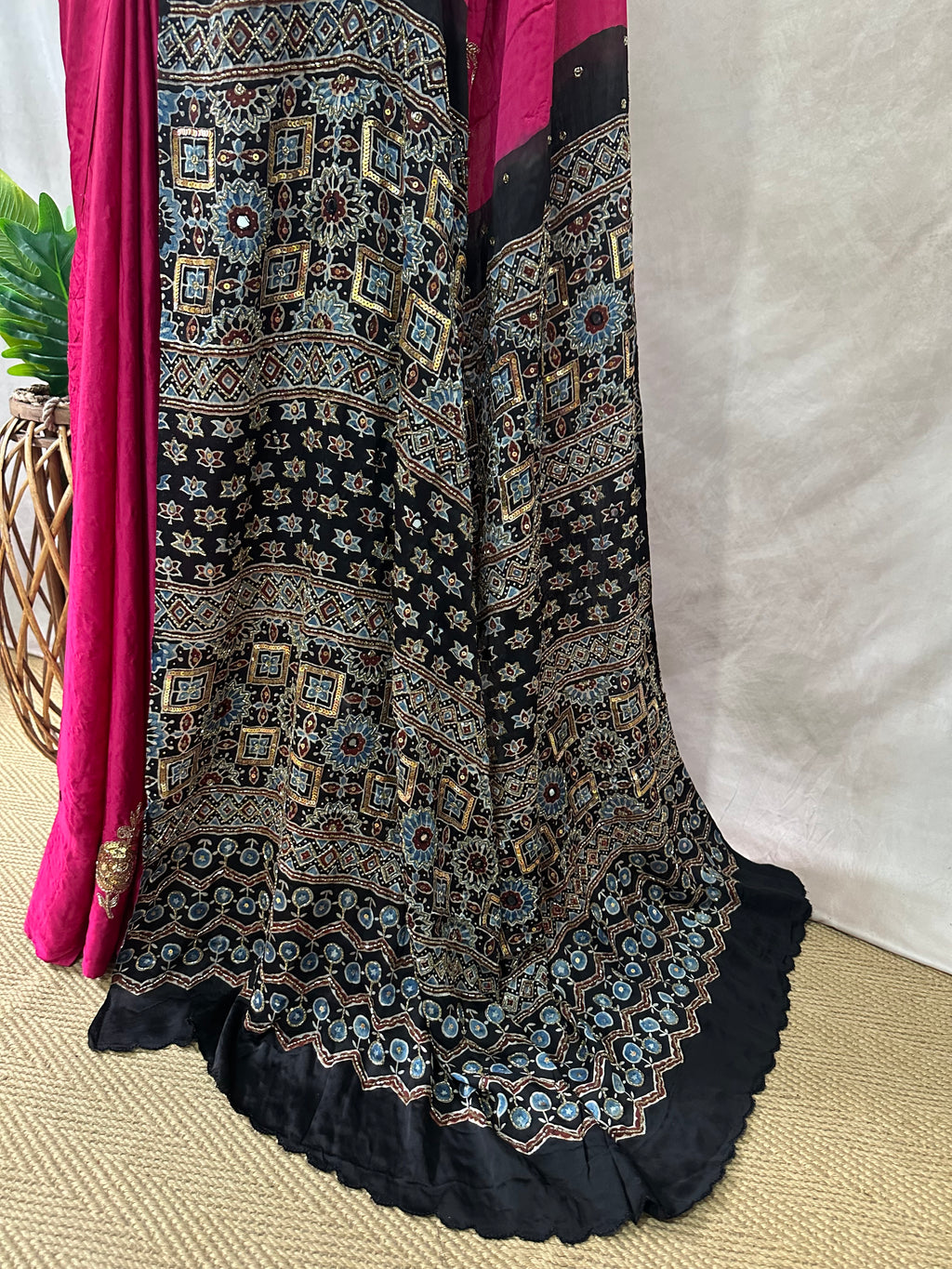 Modal silk saree with bead and mirror work , stitched blouse