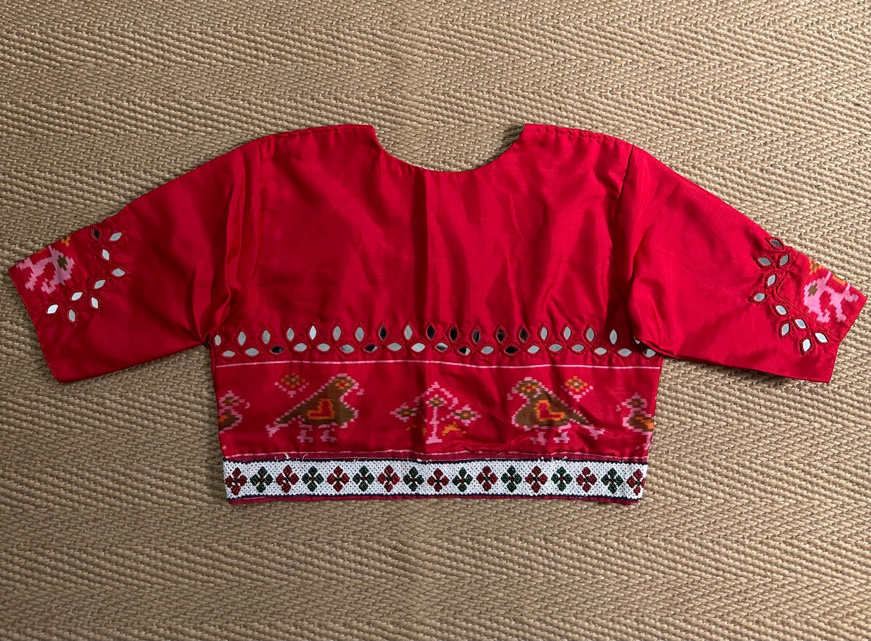 Red silk blouse with mirror work and bead emroidery