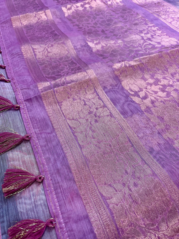 Lotus pink Semi tissue banarsi brocade saree with stitched bluse