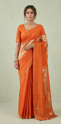 Orange pure munga silk designer weave (single Motif) saree with stitched blouse