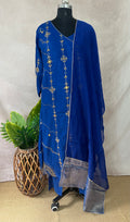 Blue cotton silk designer kurti set with handwork