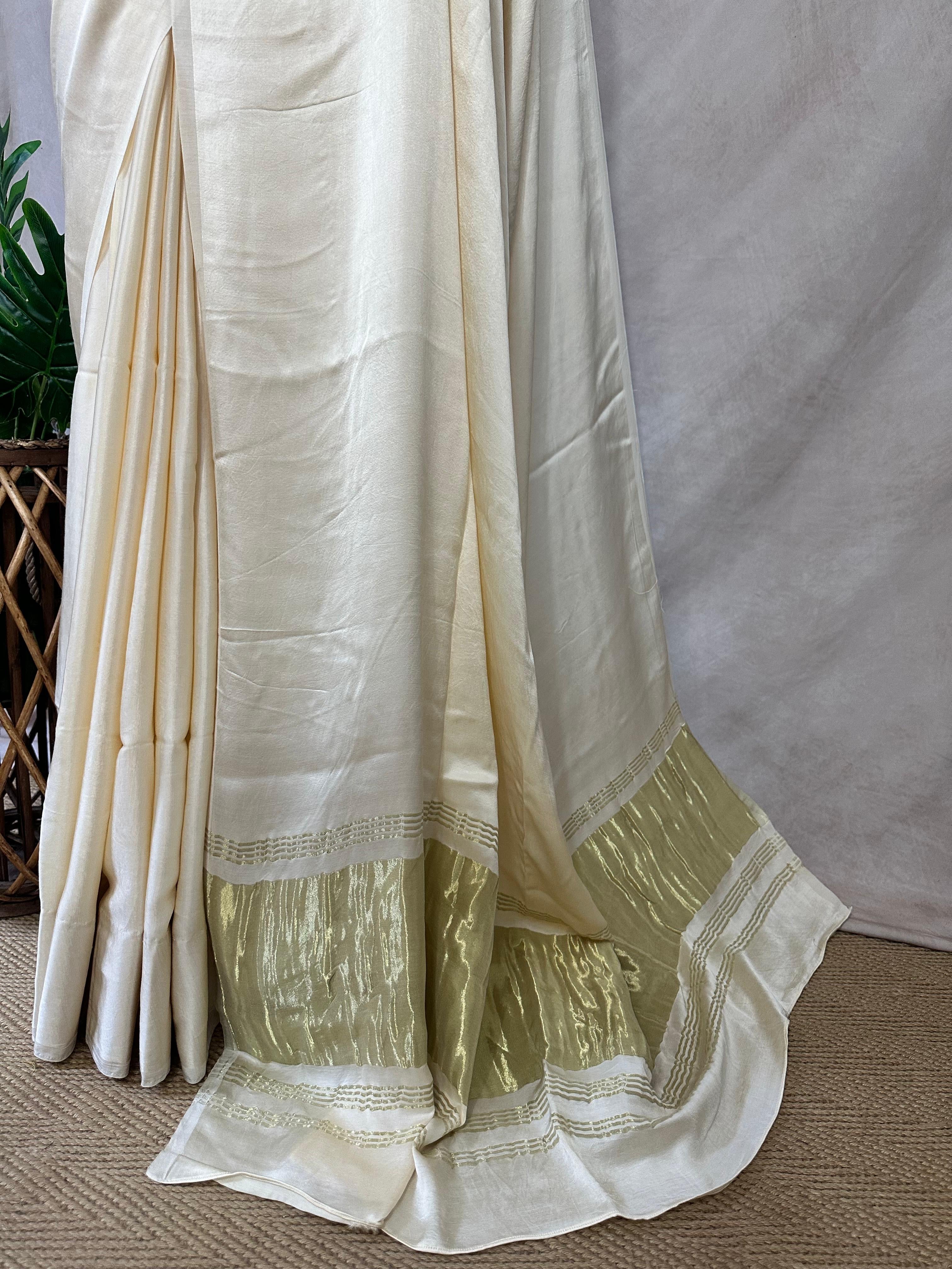 Off white gajji silk saree with lagda patti pallu