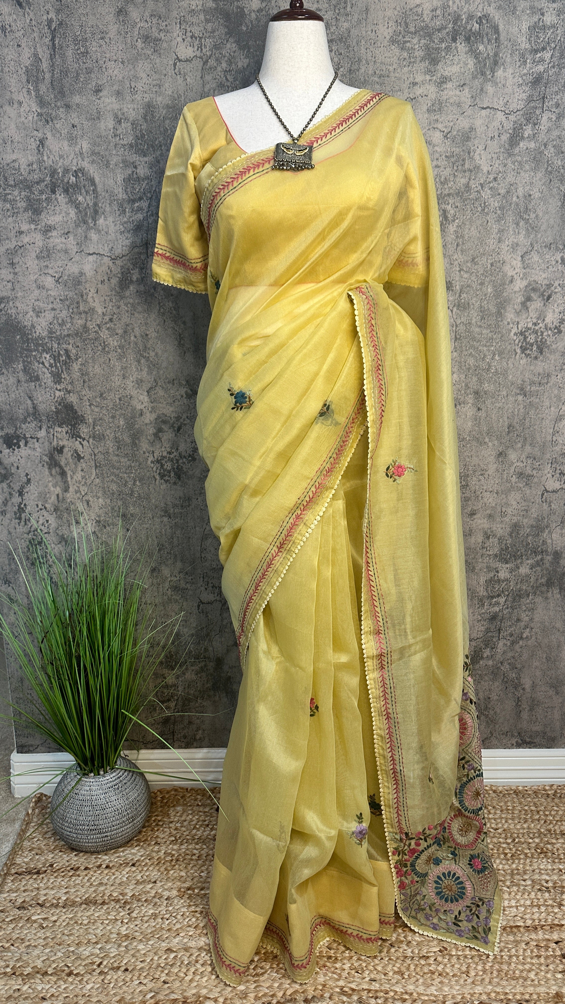 Tissue cotton saree with handwork and stitched blouse