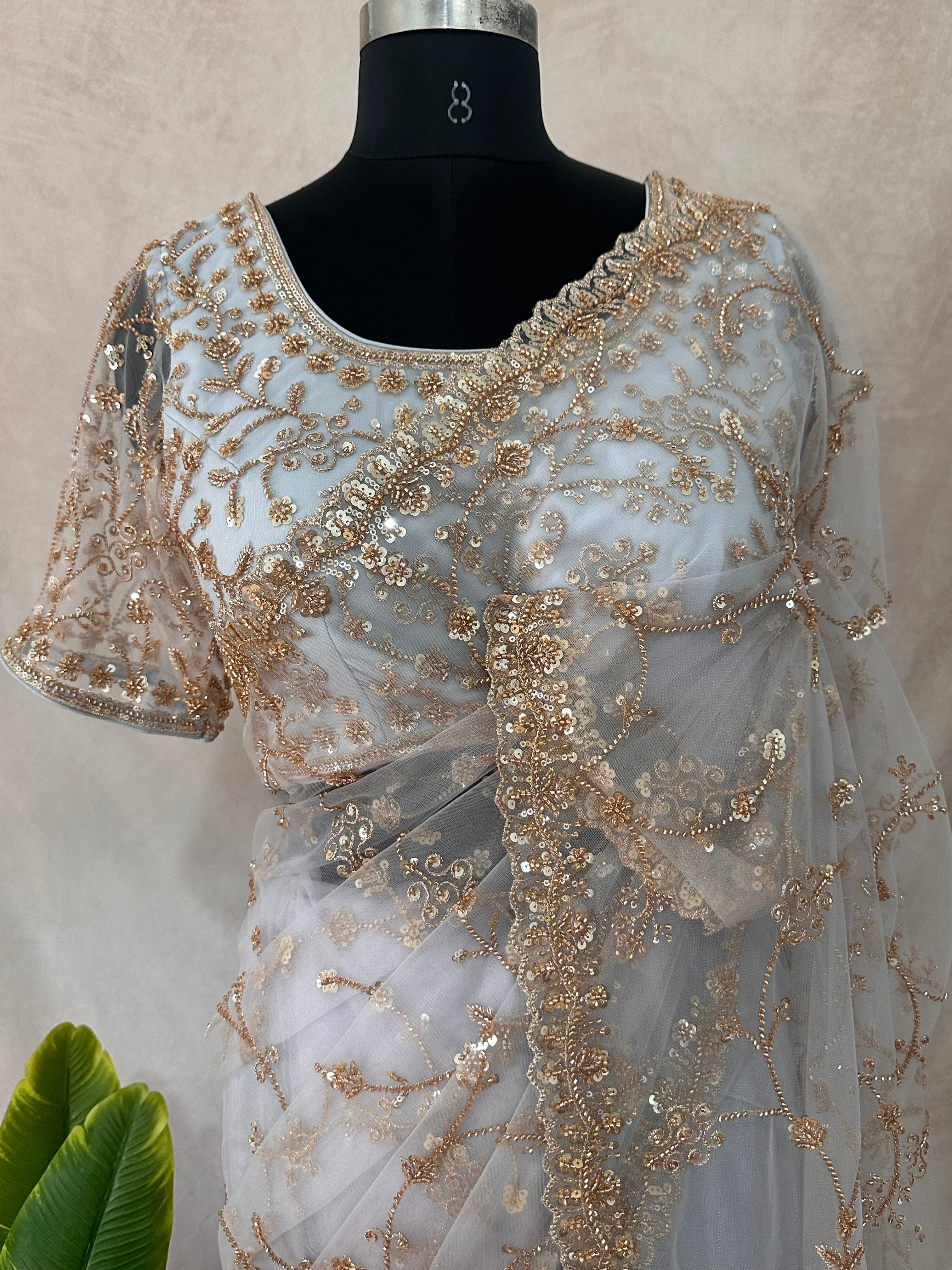 Heavy Embroidered Net Saree with stitched blouse and under skirt