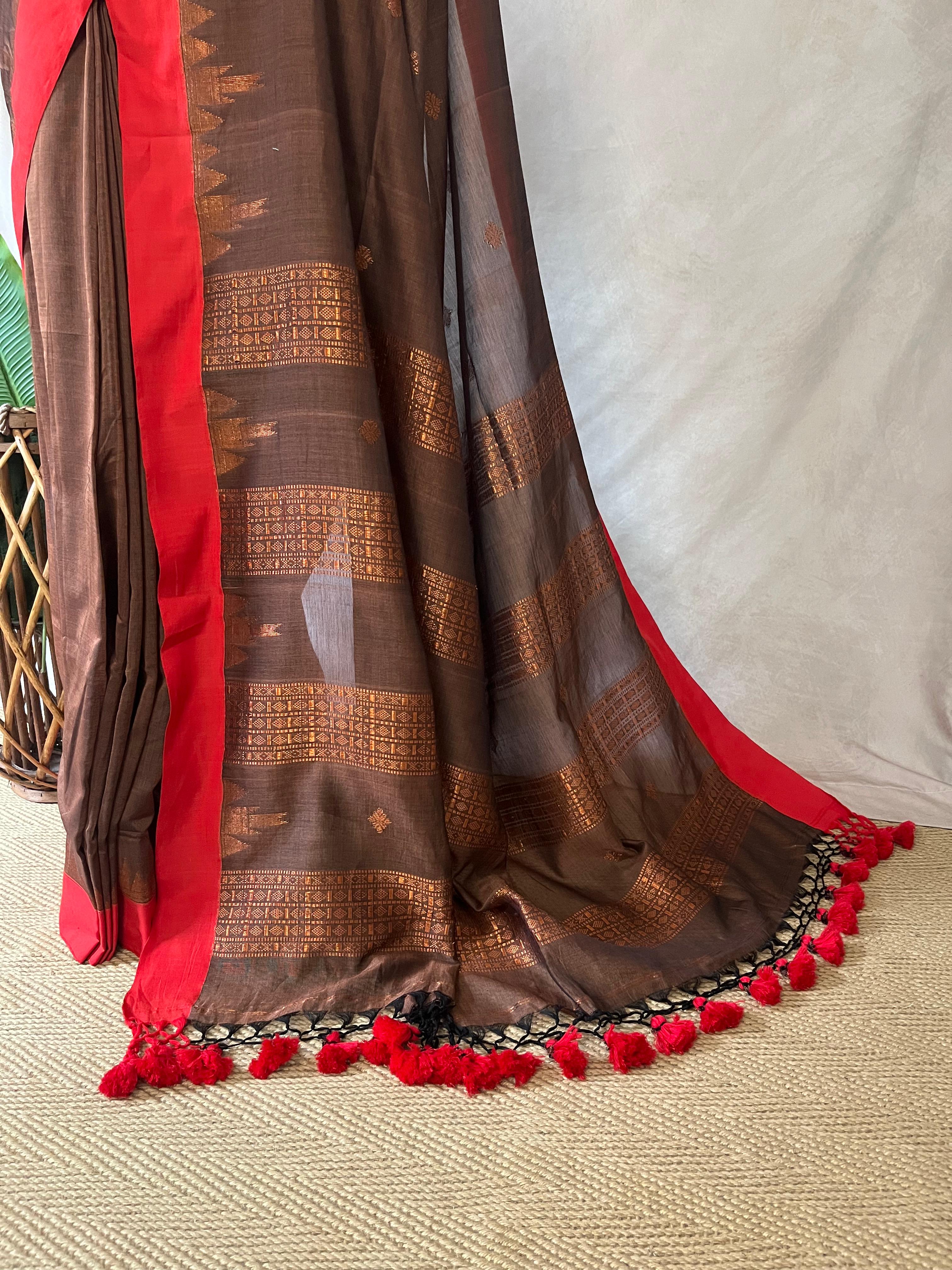 Handloom cotton saree with temple border and stitched blouse