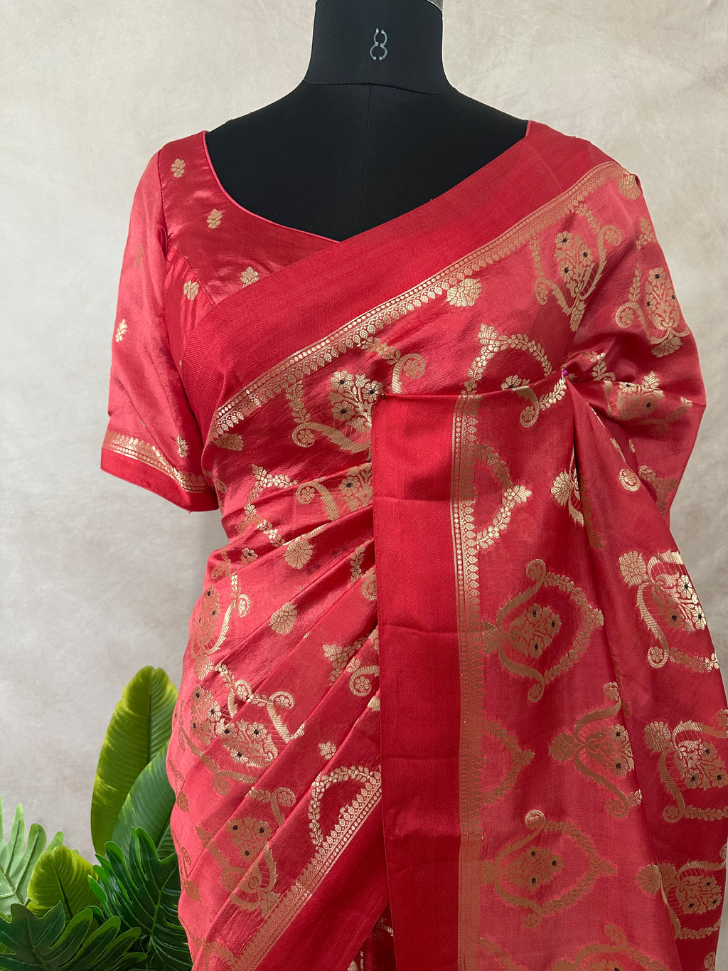 Raw mango meena jal saree with stitched blouse