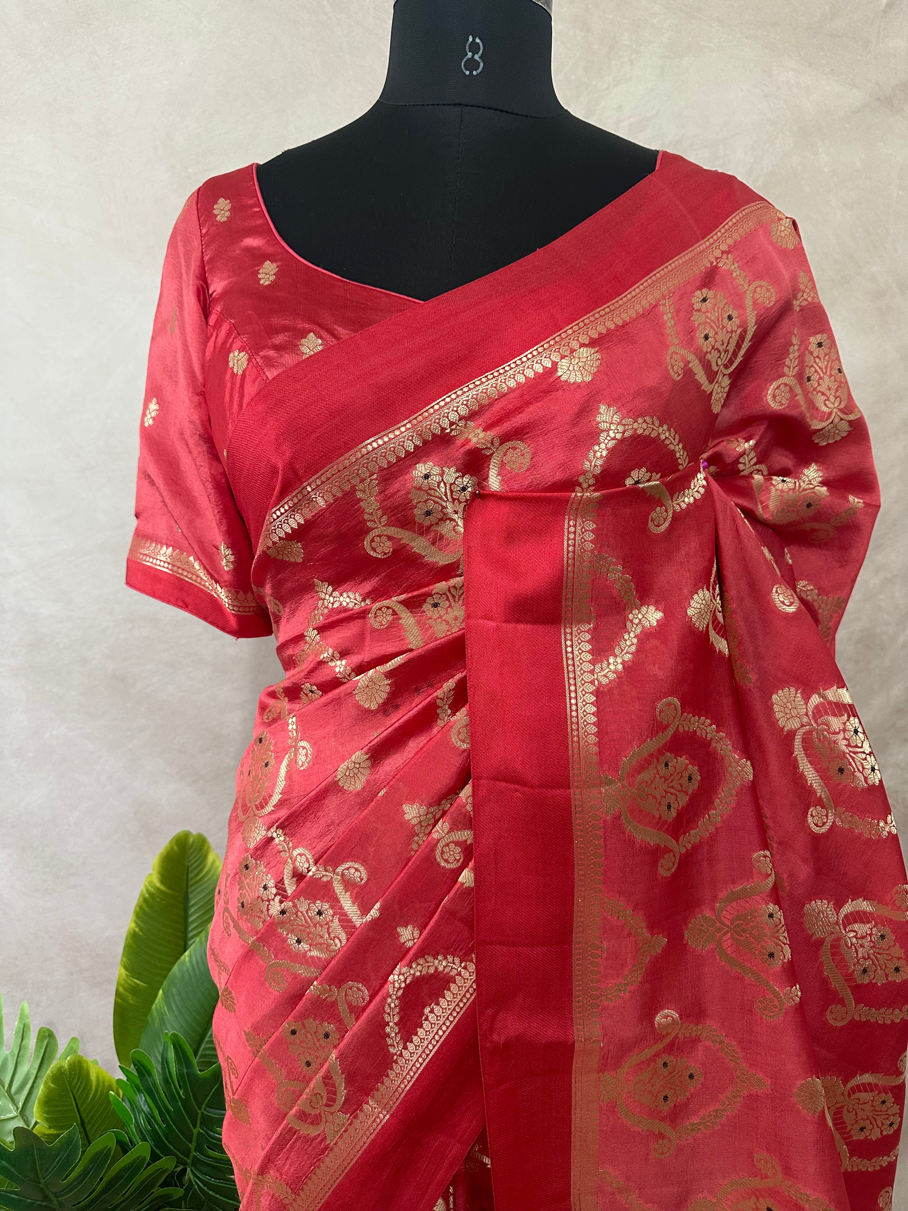 Raw mango meena jal saree with stitched blouse