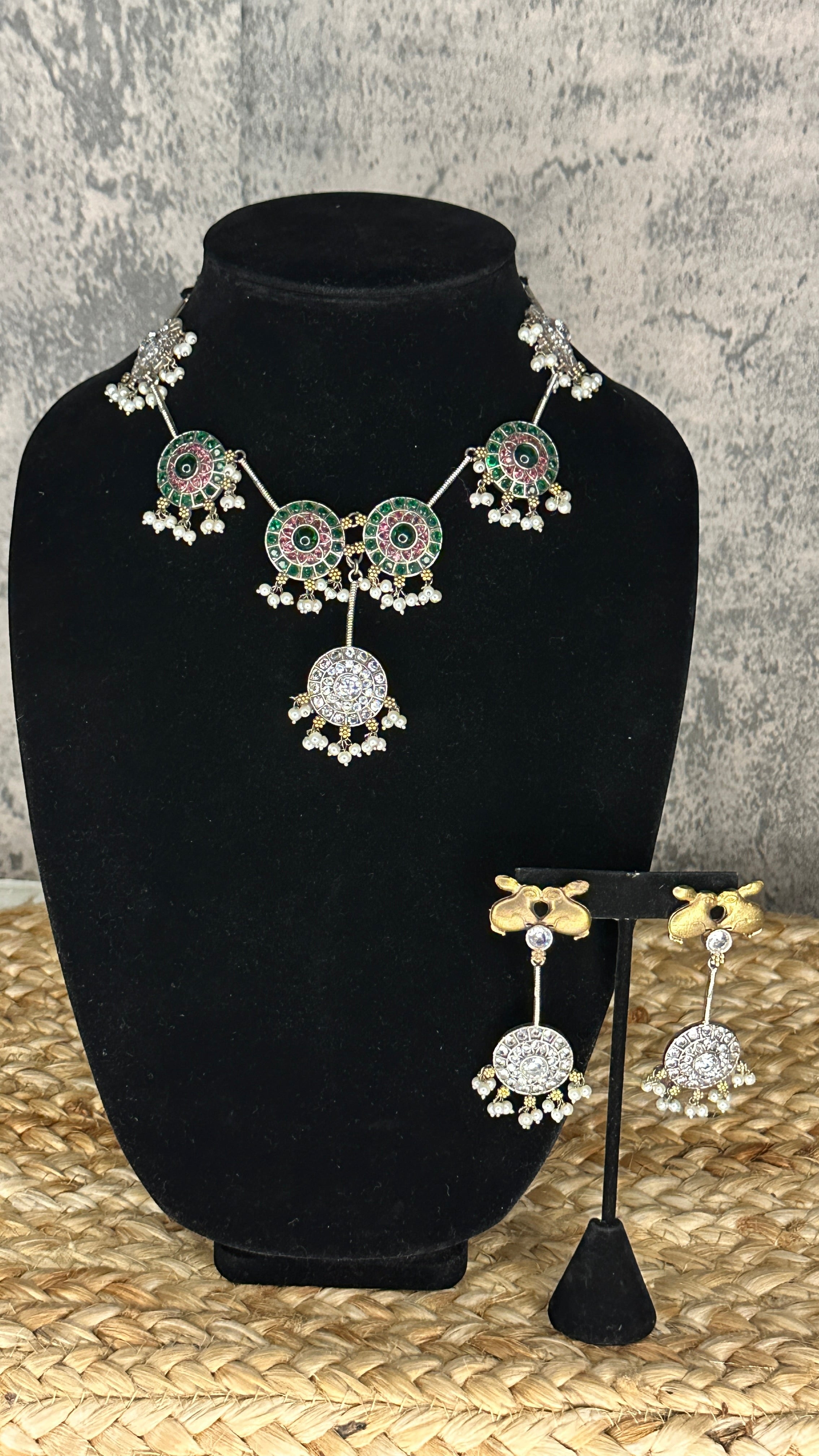 Dual tone necklace with rabbit earrings
