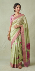 Light pista green semi tussar silk digital print saree with stitched blouse
