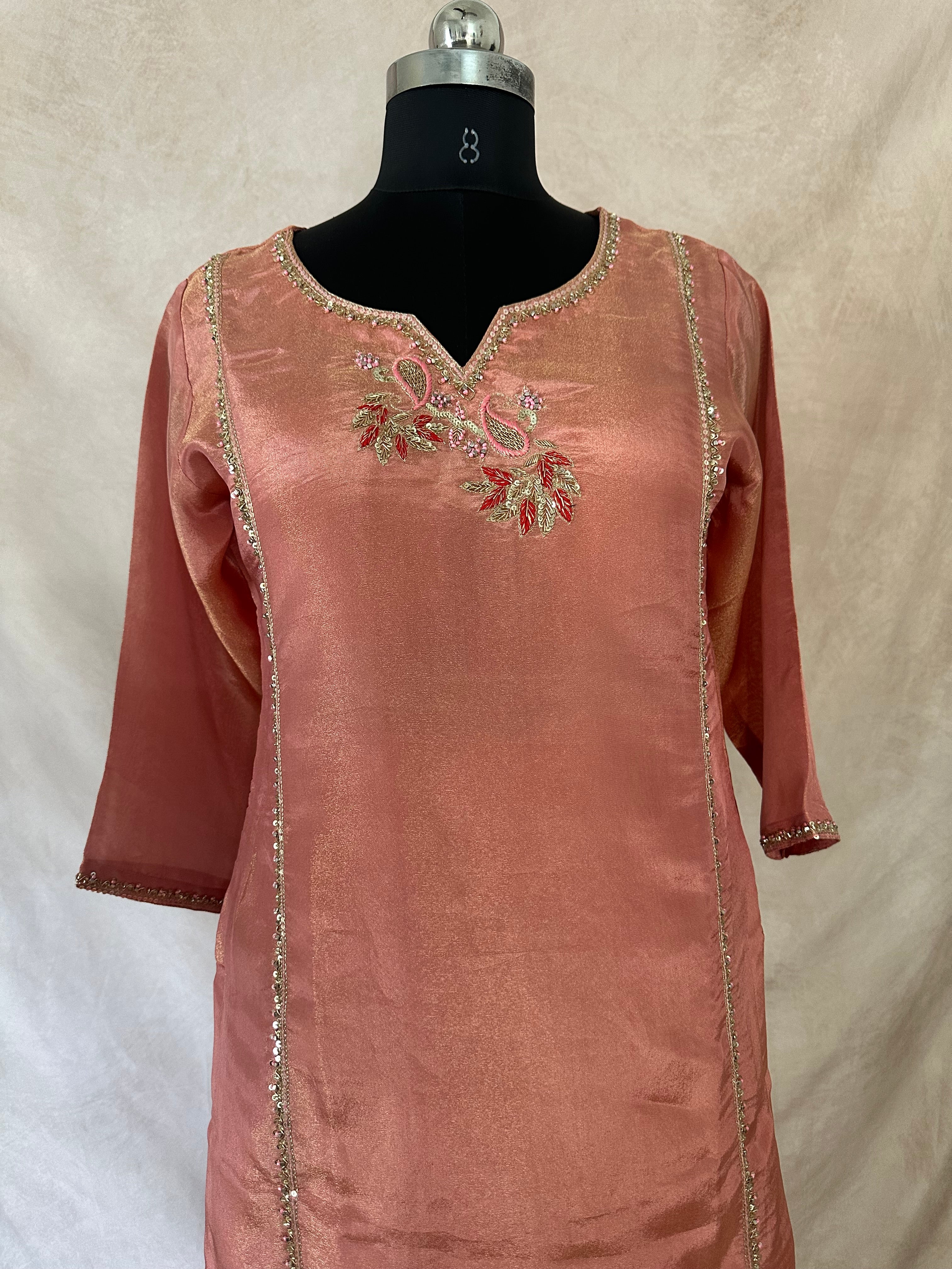 Rose gold tissue silk short kuti with hand emroidery and flared palazzo and dupatta