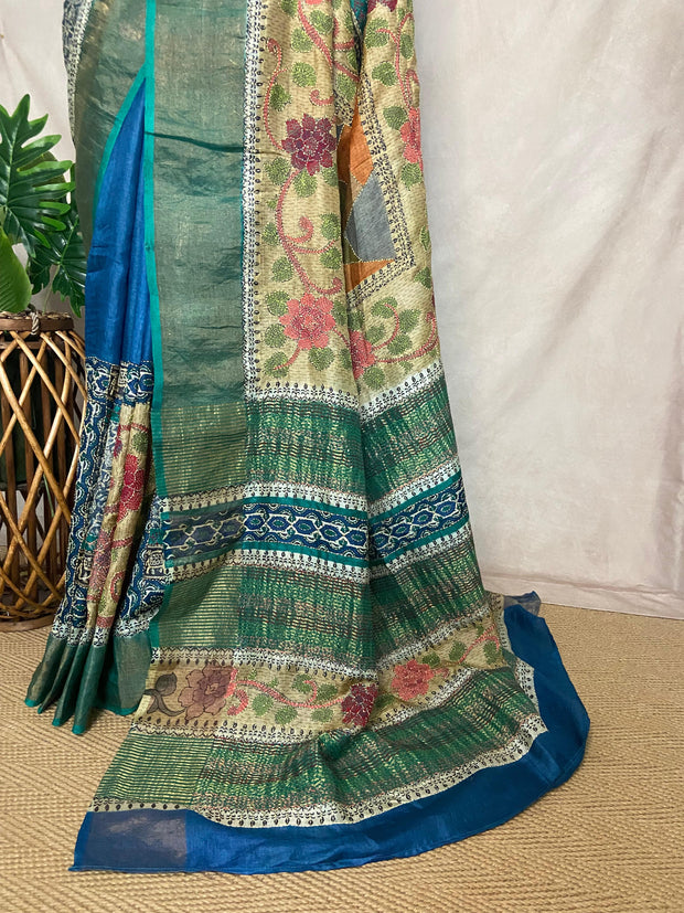 Pure tussar silk saree with Kantha work and stitched blouse