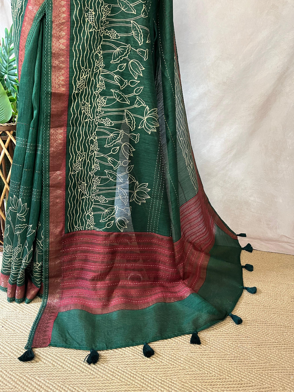 Green and red blended tussar silk saree with kantha work on border, includes BP