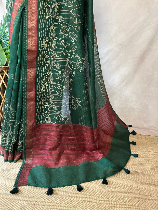 Green and red tussar silk saree with kantha work on border, includes BP