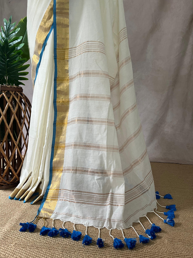 Mulcotton saree with blue and gold border