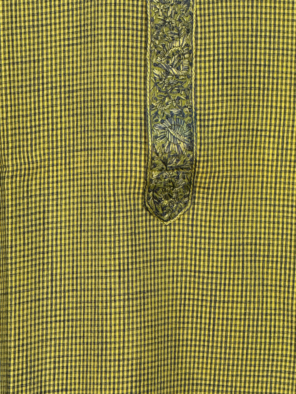 Light green cotton small check kurta with hand emroidery on the neck