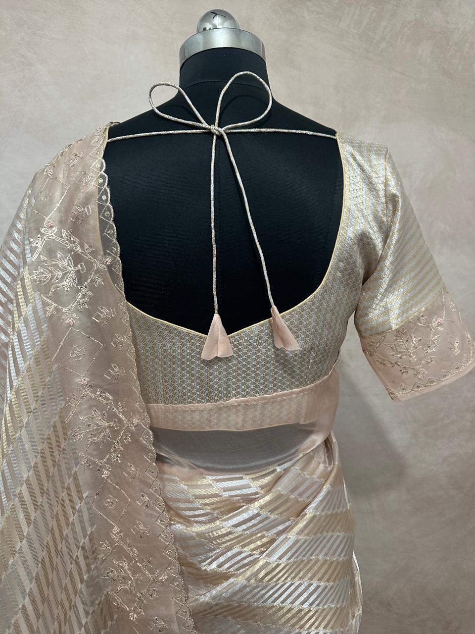 Tissue organza designer saree with hand emroidered border and pallu, with blouse