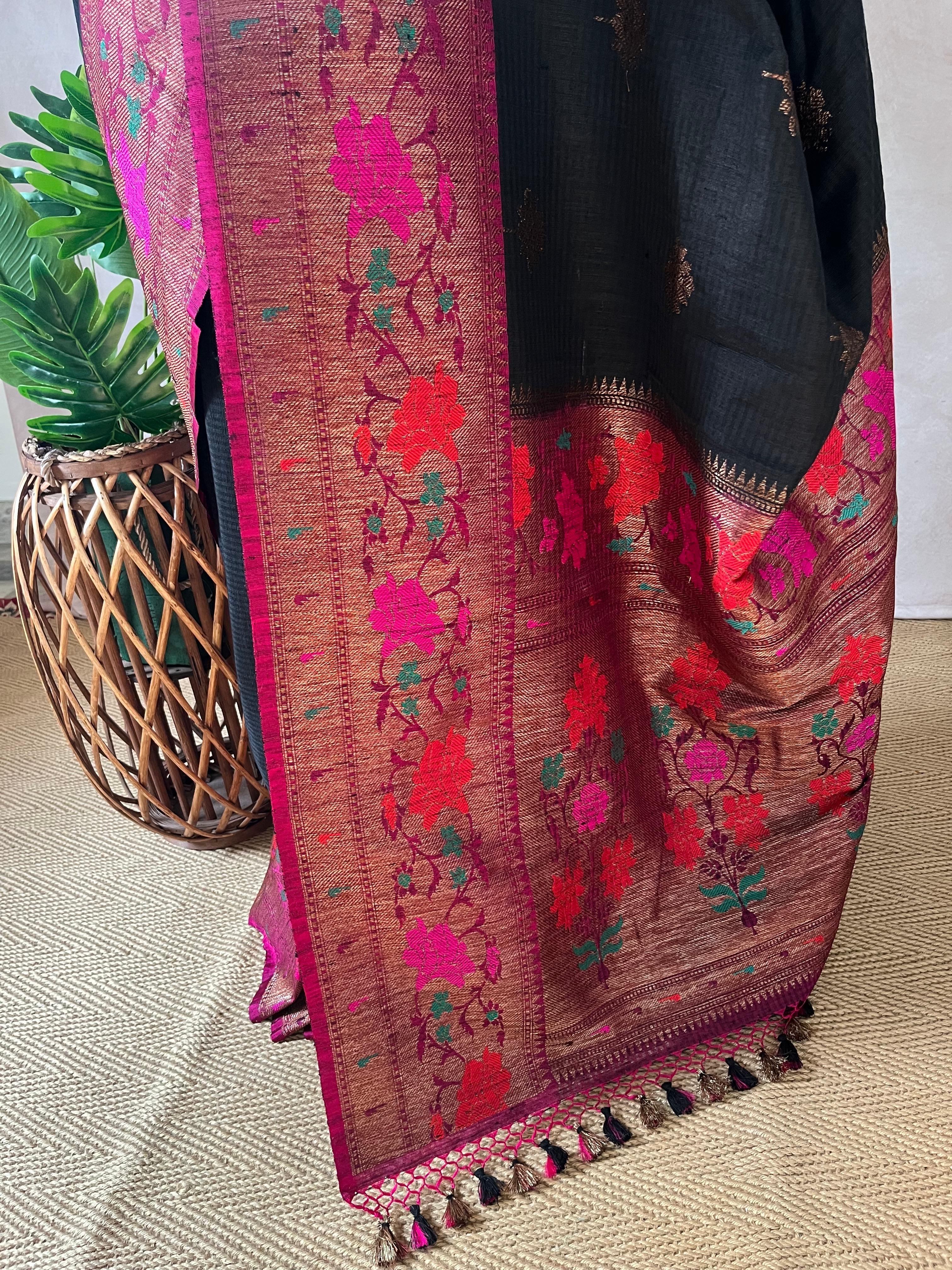Pure Dupion silk Black saree with muniya border and stitched blouse