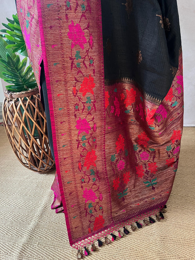 Pure Dupion silk Black saree with muniya border and stitched blouse