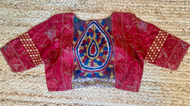 Red patch work blouse with kantha work