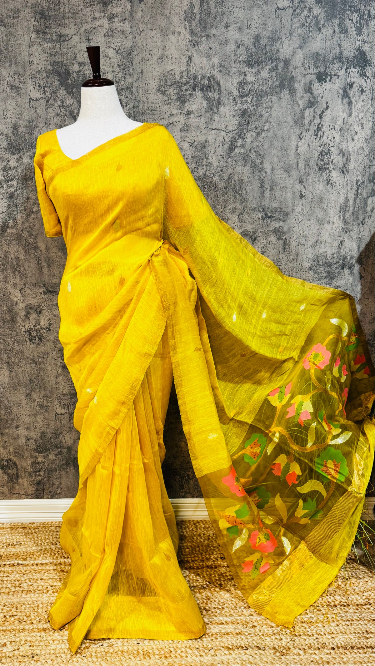 Pure silk linen saree with jamdani weave and stitched blouse