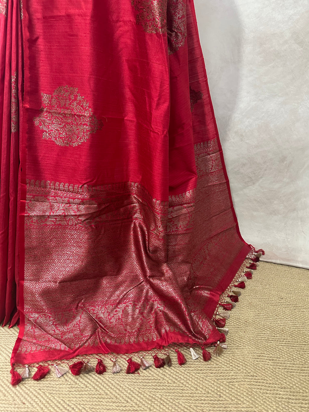 Red raw silk saree with banarsi border and stitched blouse