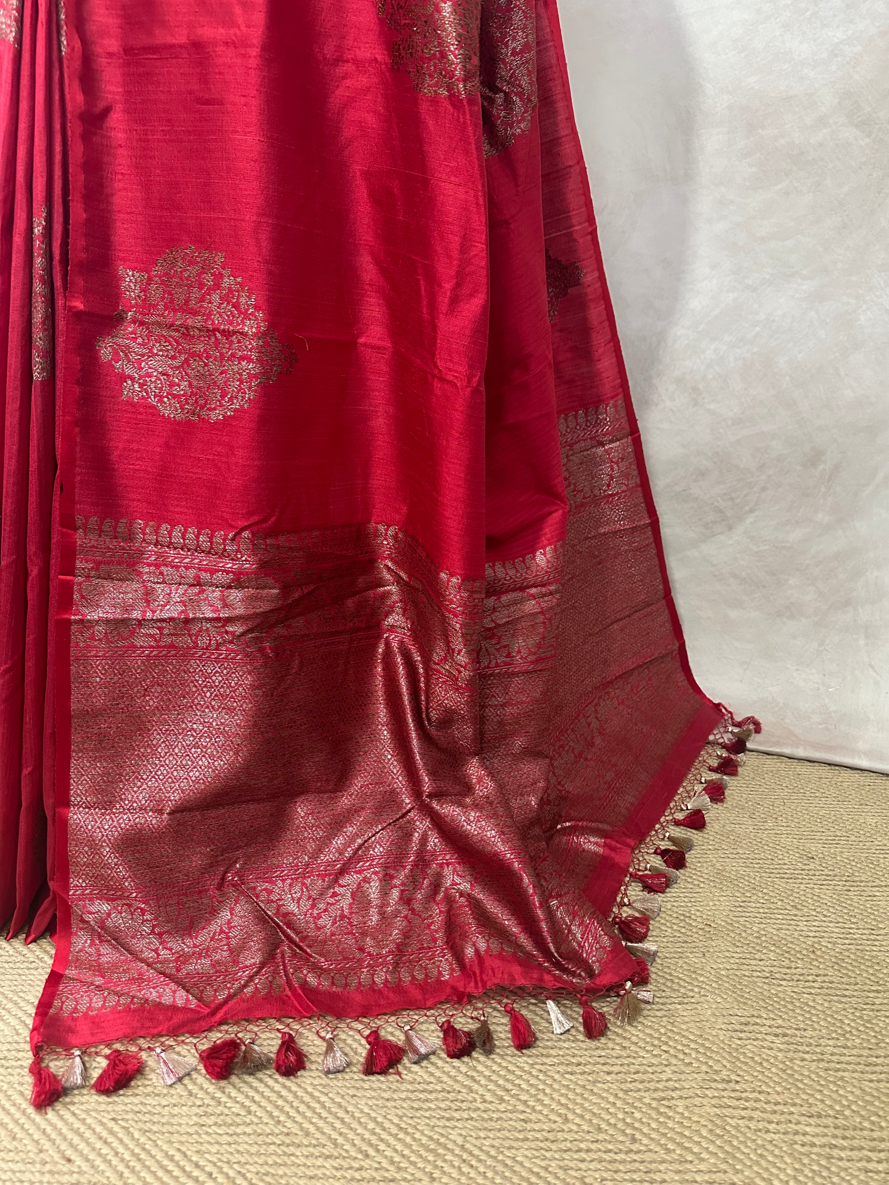 Red raw silk saree with banarsi border and stitched blouse