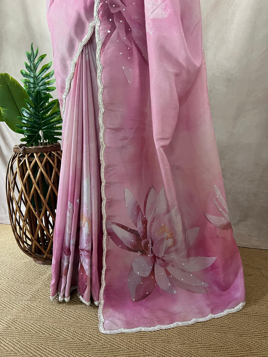 Tissue crepe silk saree with sequins border, stitched blouse