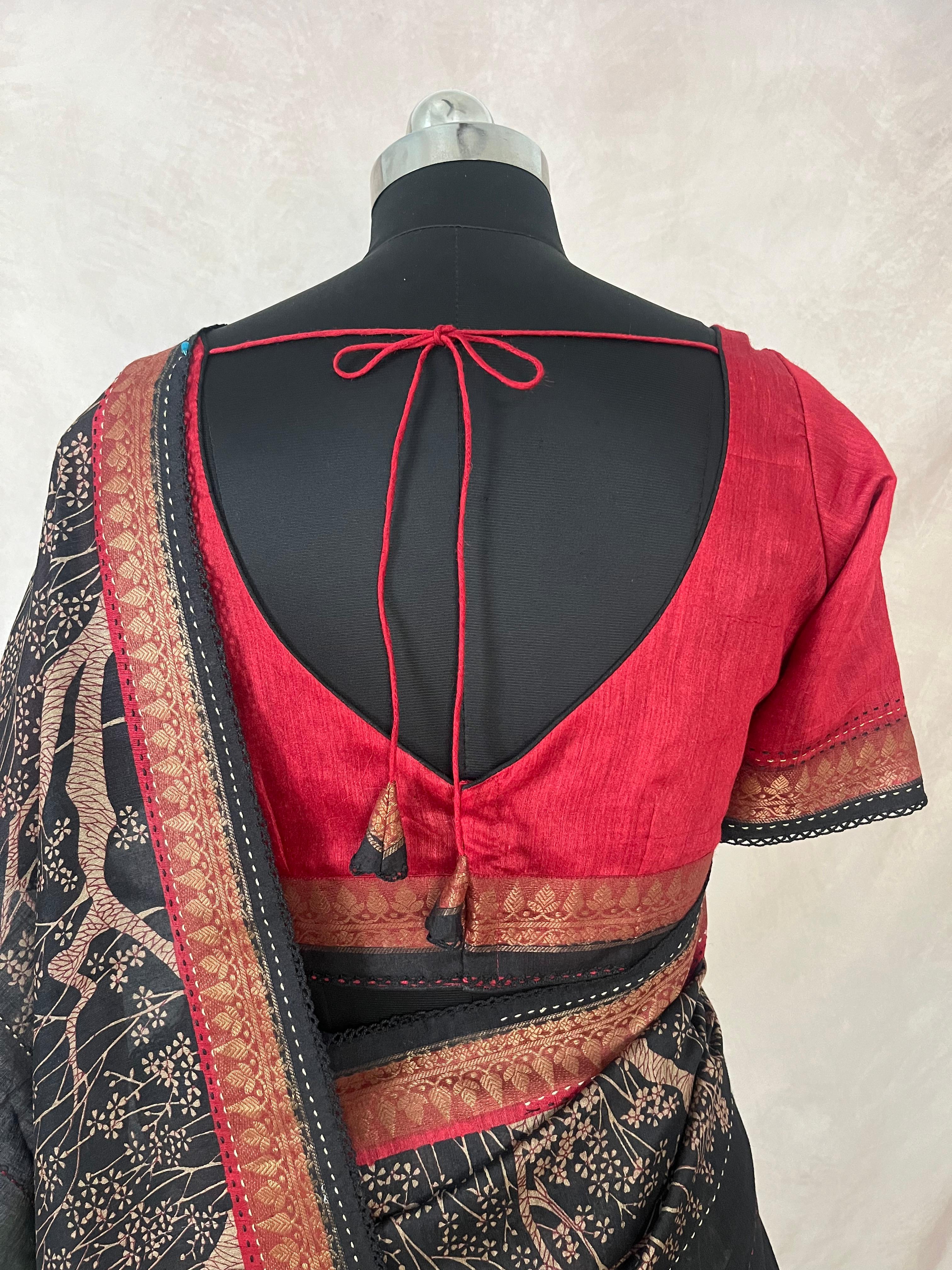 Printed blended tussar silk saree with kanta work and stitched blouse