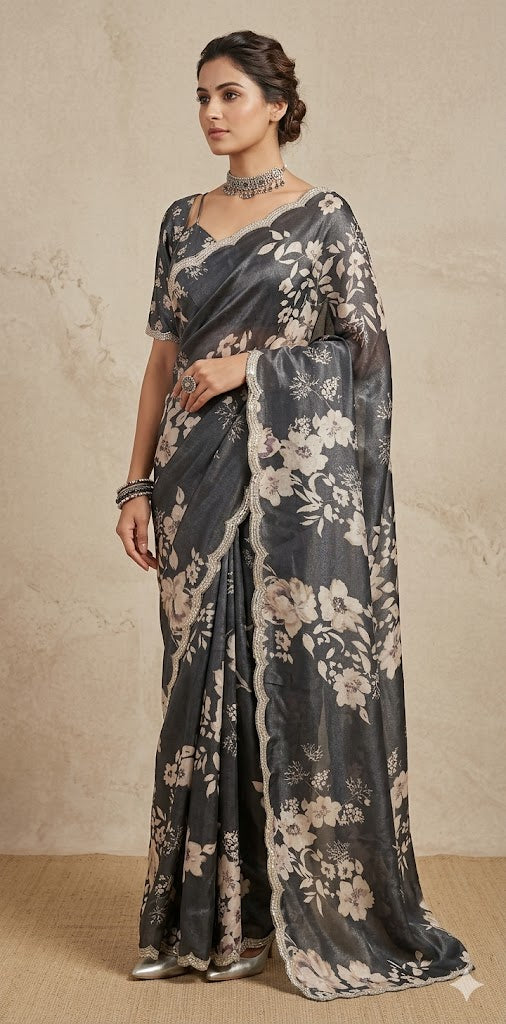 Black designer crepe tissue saree with floral print and  designer blouse