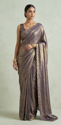 Shimmer crepe saree with scallop border, with stitched blouse