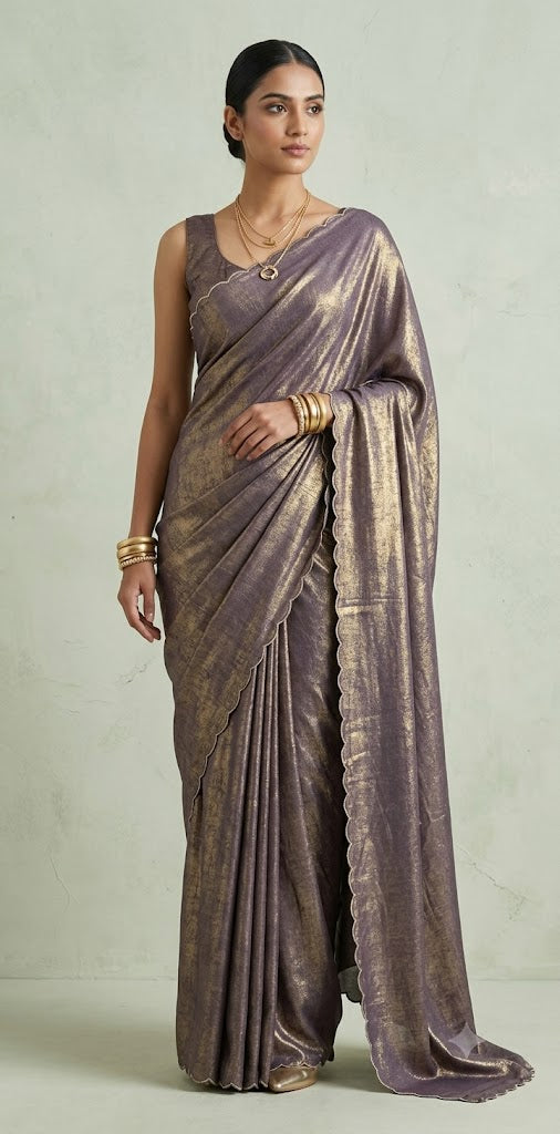 Shimmer crepe saree with scallop border, with stitched blouse