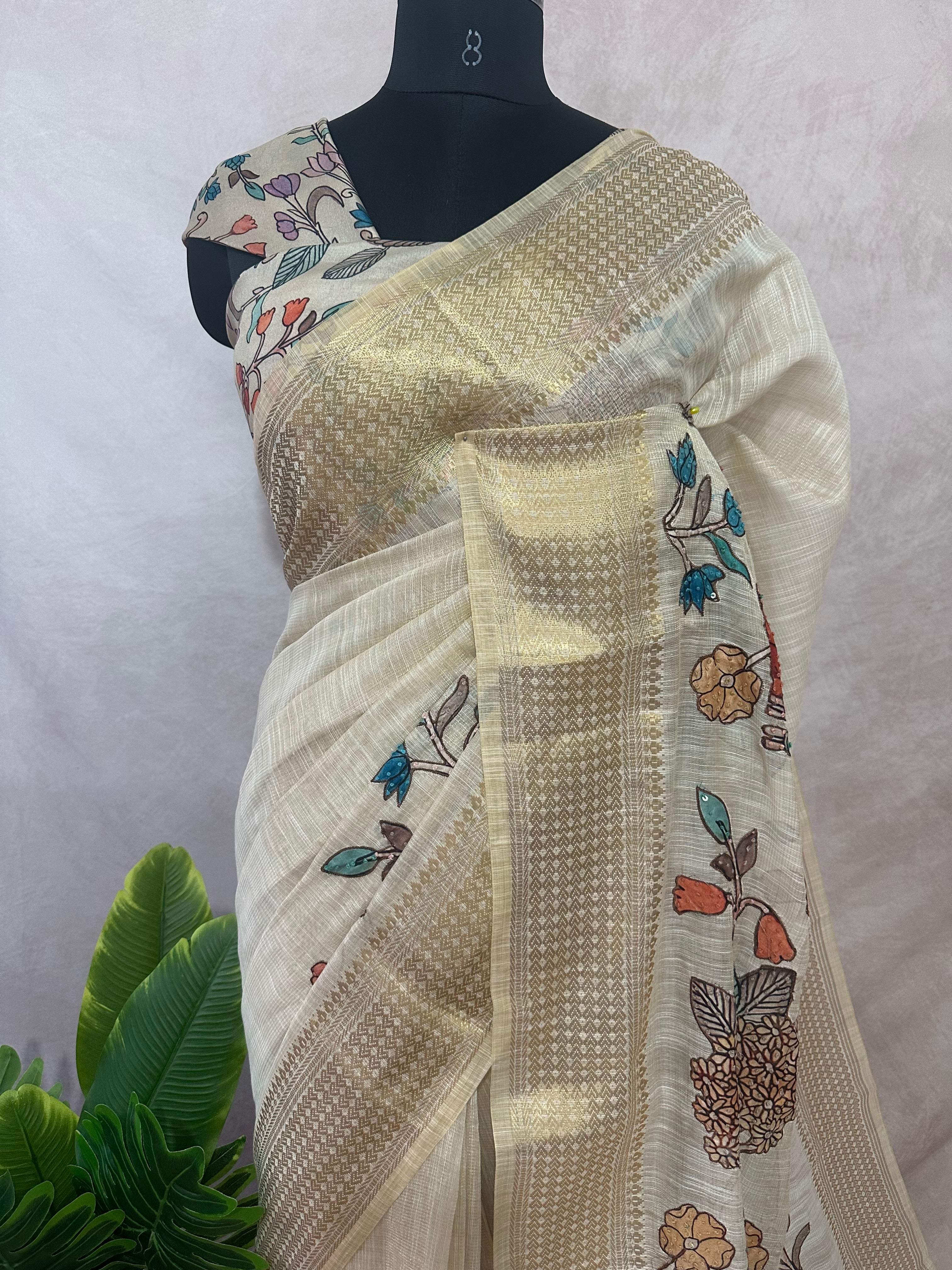 Tissue linen saree with kalamkari patch work , with BP