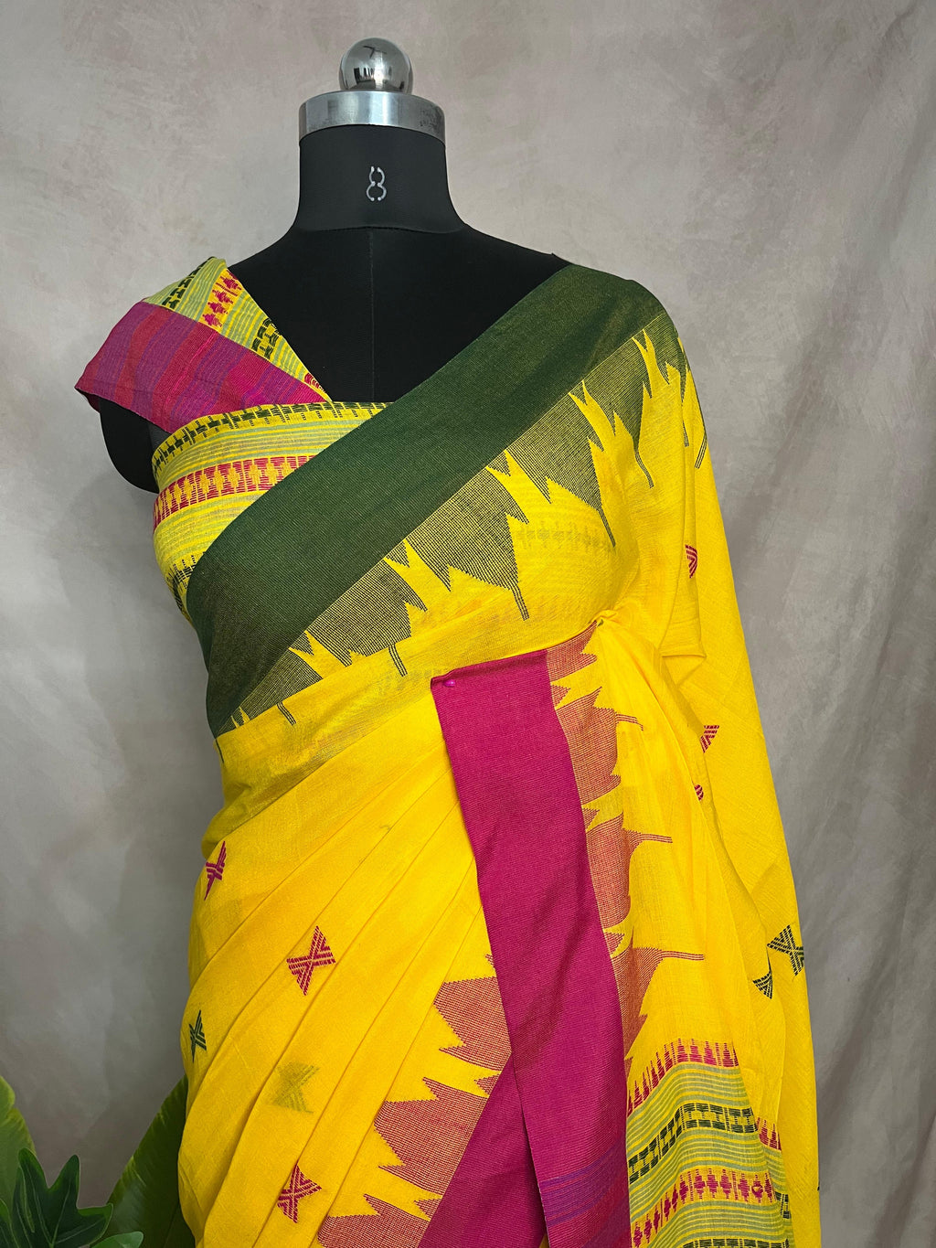Yellow handloom cotton saree with temple border and stitched blouse