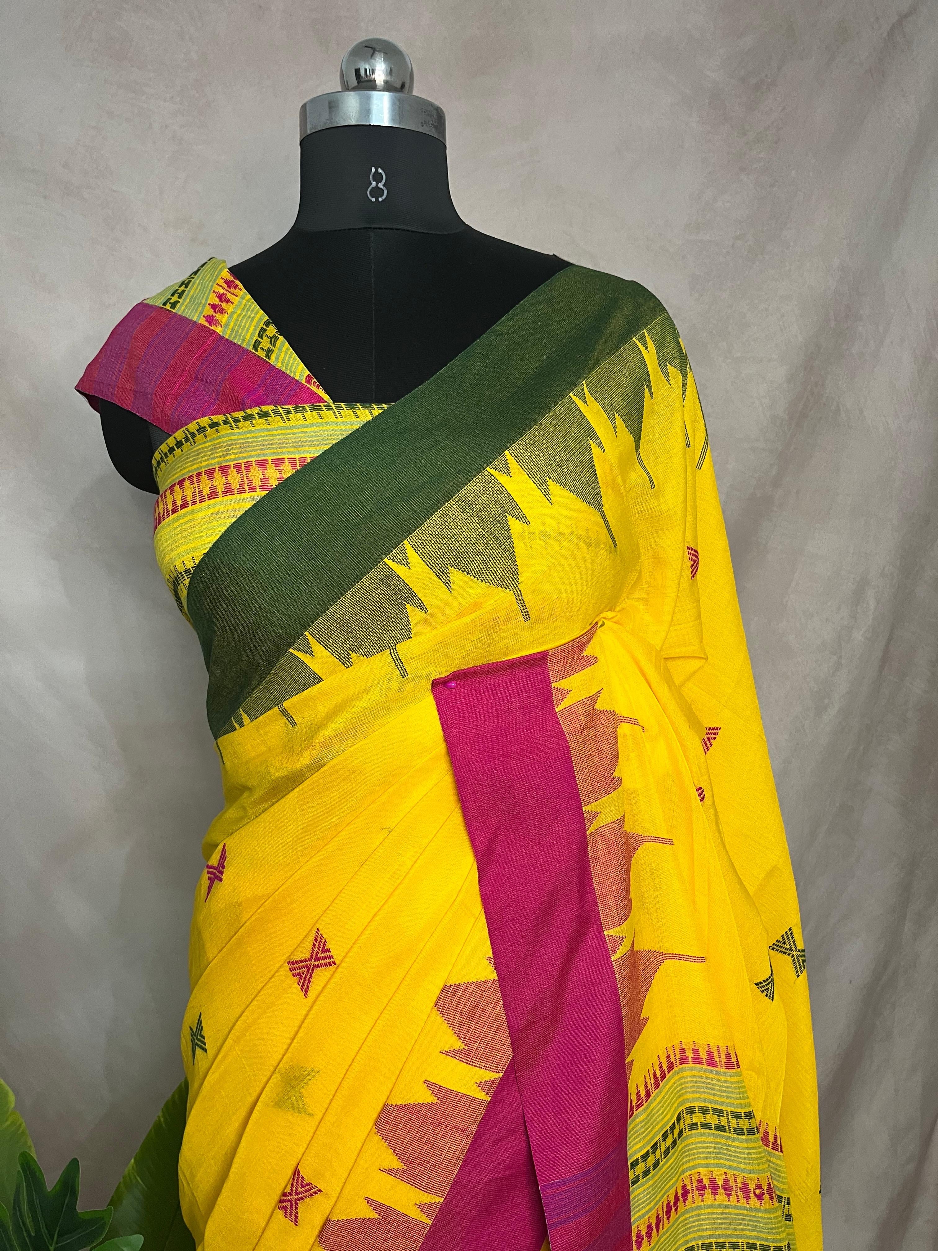 Yellow handloom cotton saree with temple border and stitched blouse