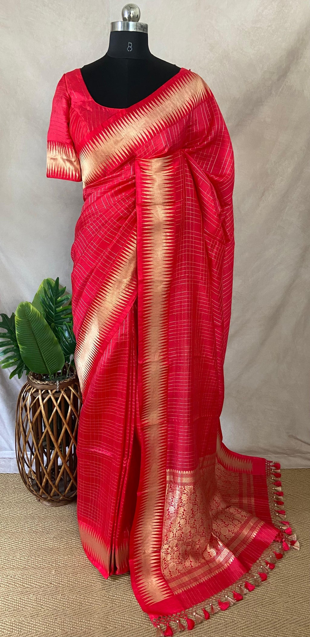 Red pure raw mango silk saree with stitched blouse