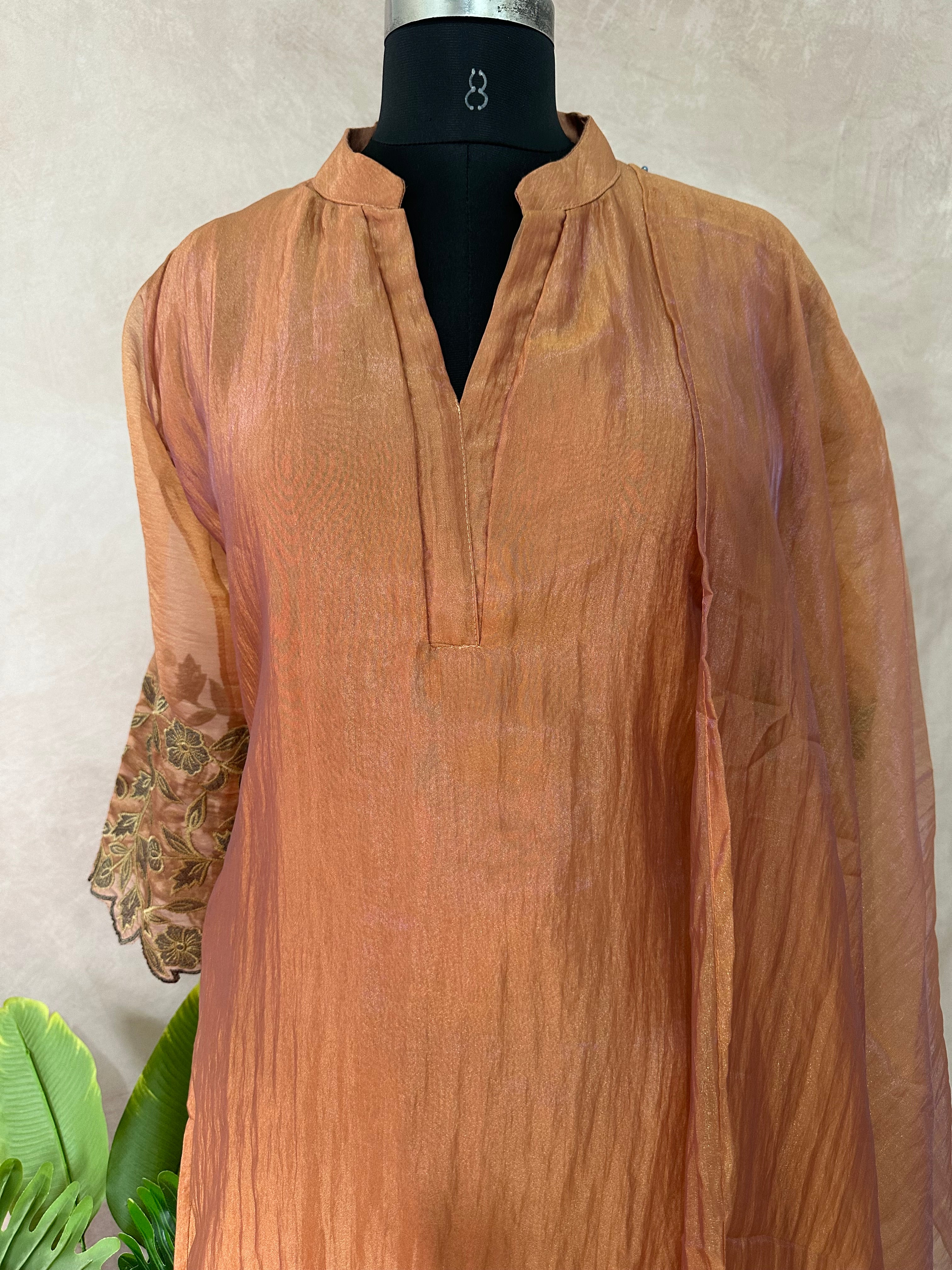 Burnt orange chanderi tissue designer kurti set