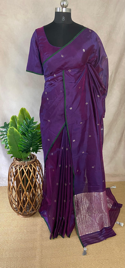 Purple chanderi katan silk saree with stitched blouse