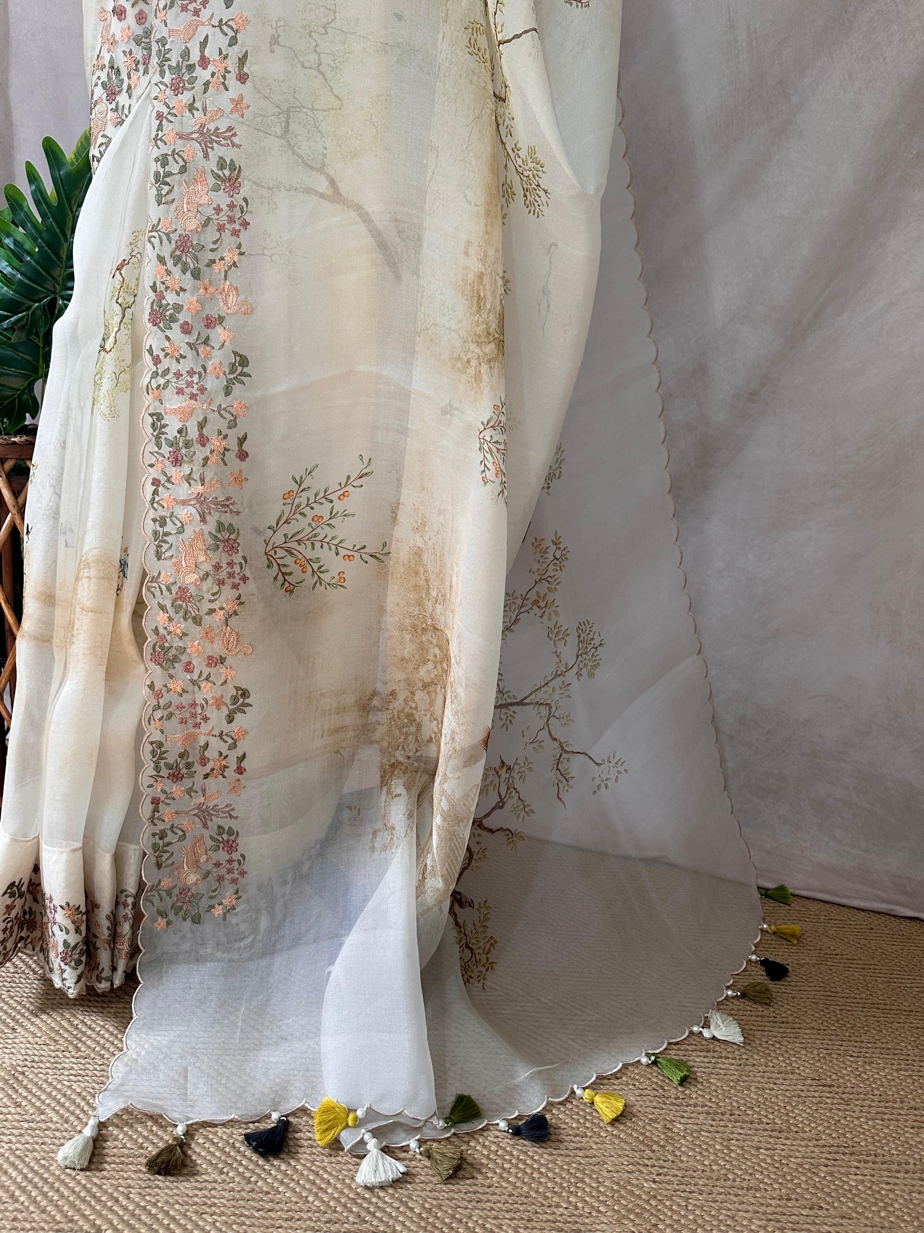 Silk organza saree with digital print and embroidery border, with BP