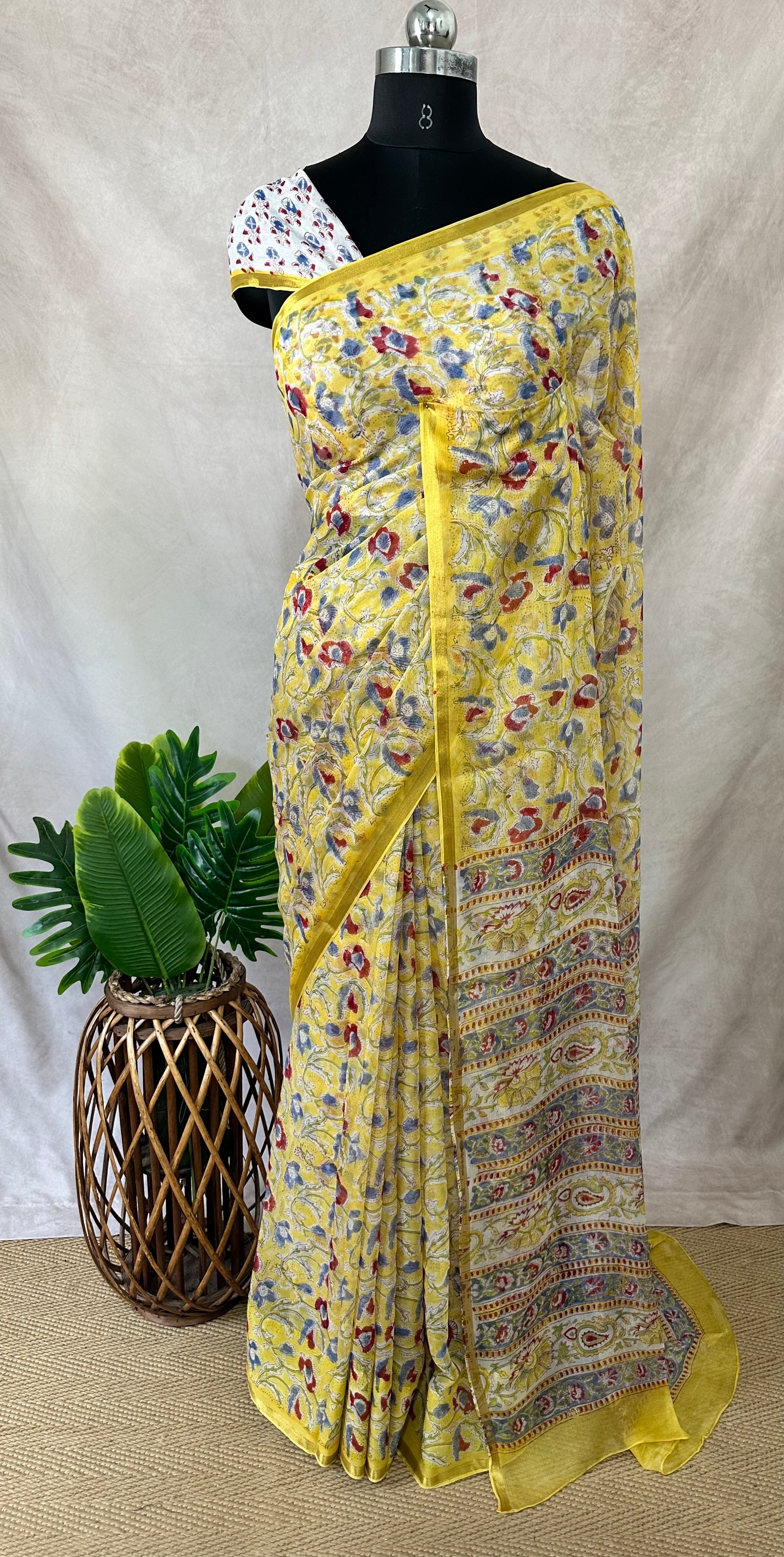 Premium handblock printed Pure Chiffon saree , with BP