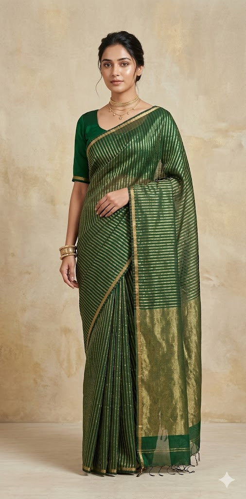 Maheshwari tissue silk saree with stripe and stitched blouse